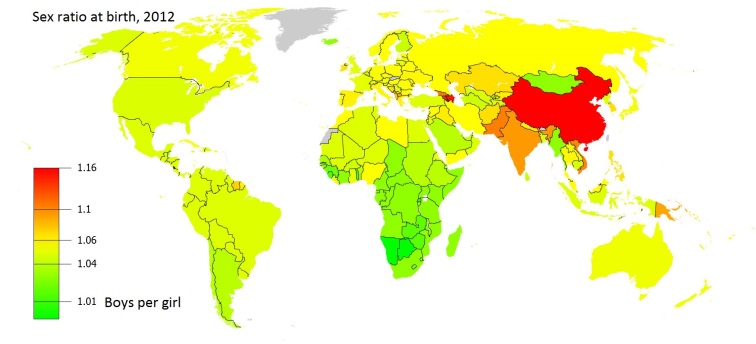 2012 Birth Sex Ratio World Map. Source: World DataBank, Gender Statistics, The World Bank and United Nations (Wikimedia Commons)